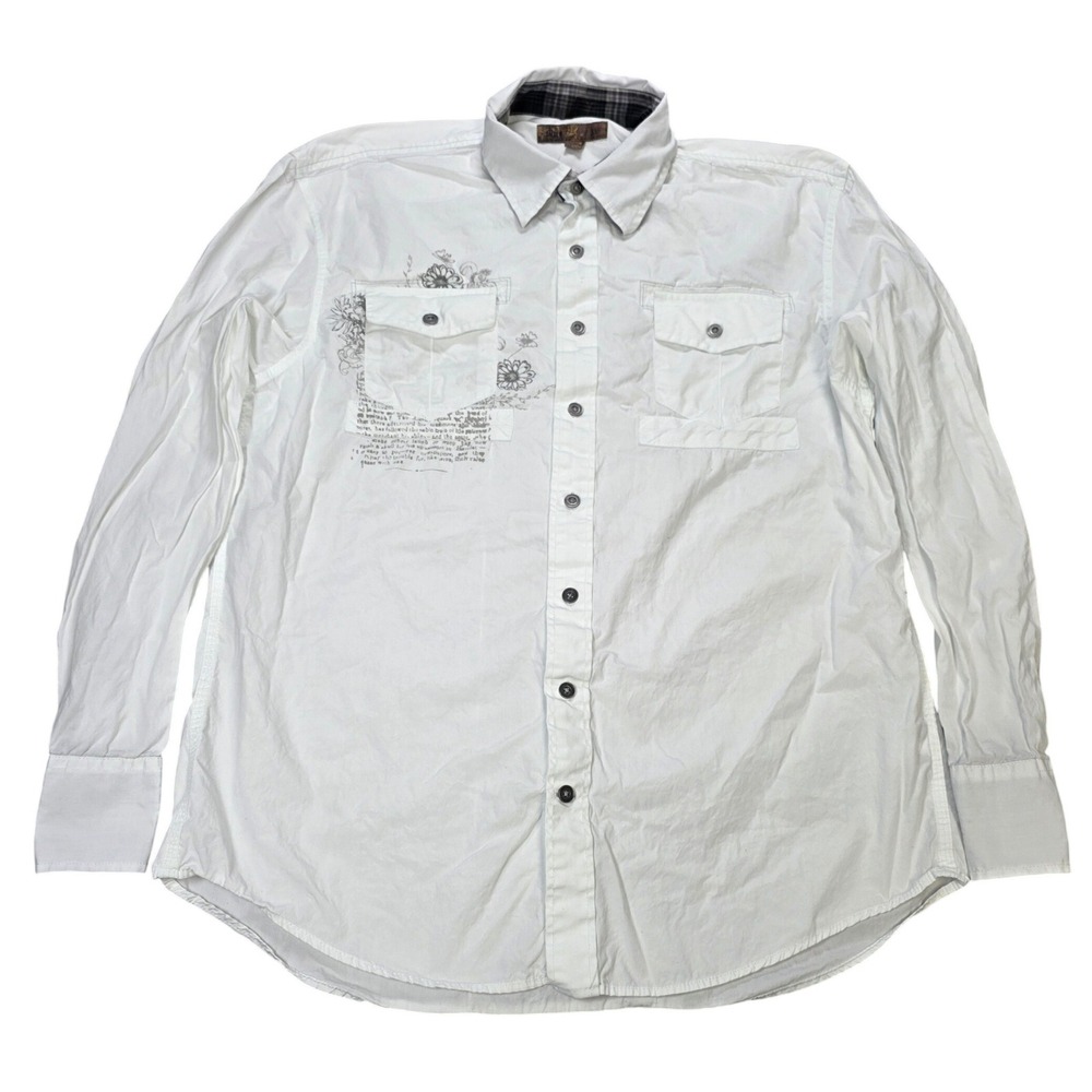 Blue Pronto Uomo Y2K Button Down Shirt Men's Size XL White Graphic Floral Script